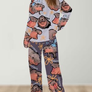 Moo Deng Baby Hippo Long Sleeve Pajama Set For Women2